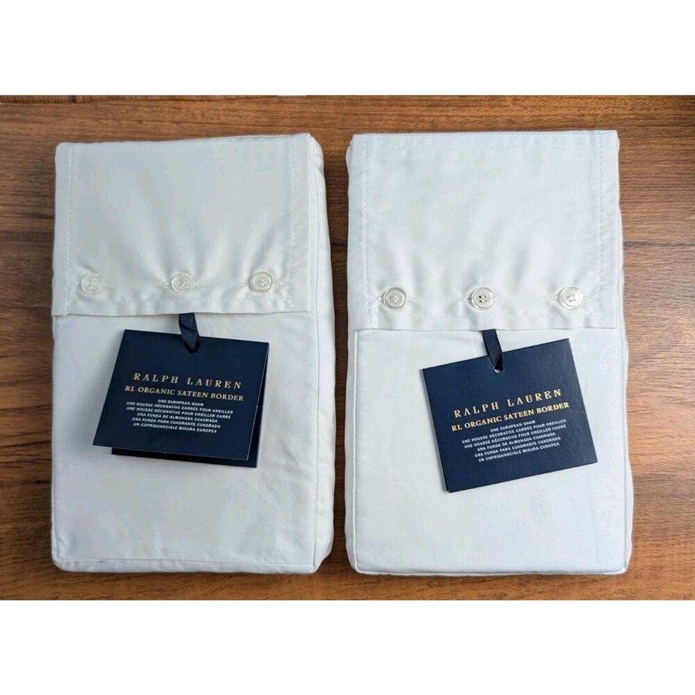 Two Ralph Lauren Organic Sateen Border European Euro Shams Parchment White